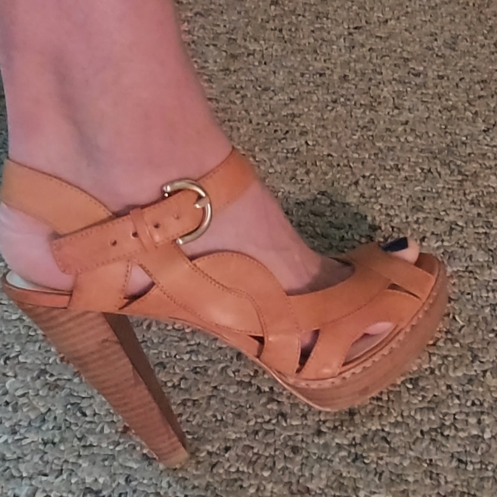 Used Coach Leather Peep Toe Buckle Tie 5"  Heels, one heel has water stain